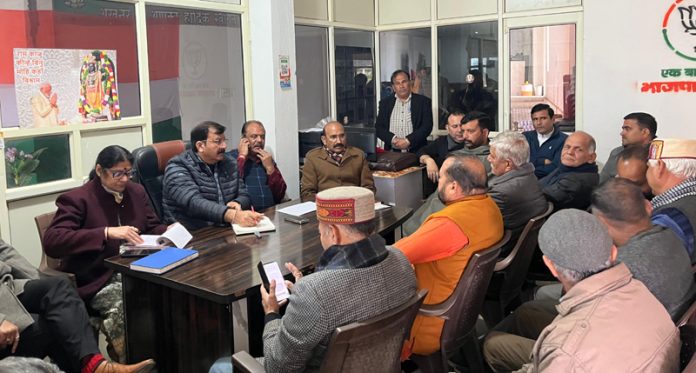 BJP MLA Jammu West, Arvind Gupta addressing a party meeting at Akhnoor on Saturday.