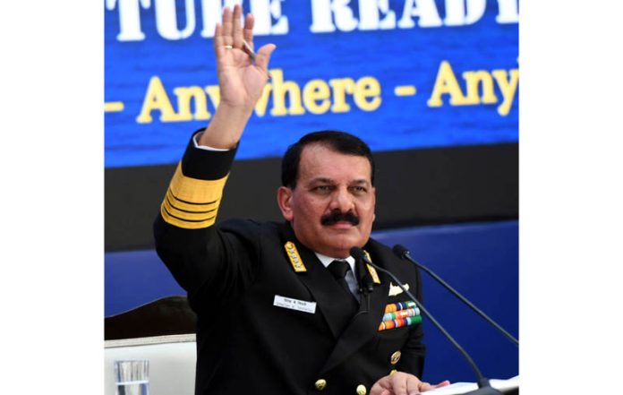 Navy chief Admiral Dinesh K Tripathi addressing the annual Navy Day press conference in New Delhi on Monday. (UNI)