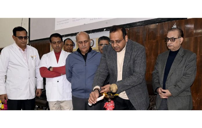 Commissioner Secretary, S&T, Saurabh Bhagat lighting a ceremonial lamp at SMGS Hospital on Tuesday.