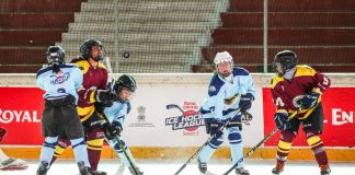 Ice hockey players in action during an exciting match at Leh on Tuesday during Royal Enfield Ice Hockey League Season 2.