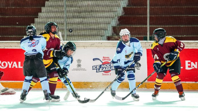 Ice hockey players in action during an exciting match at Leh on Tuesday during Royal Enfield Ice Hockey League Season 2.