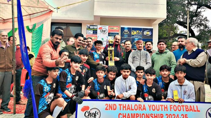 Players of Chandan FC receiving winning trophy from chief guest at Samba.