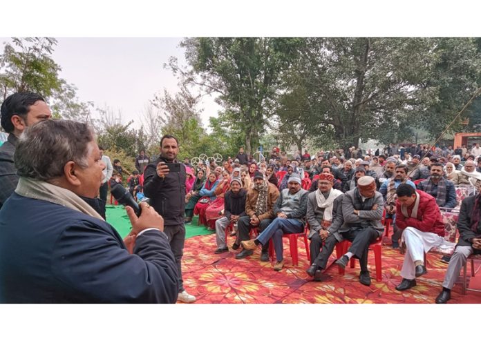 BJP president Sat Sharma addressing a programme to pay tribute to former Praja Parishad leader and ex MLA Ram Nath Manhas at village Indri on Wednesday.