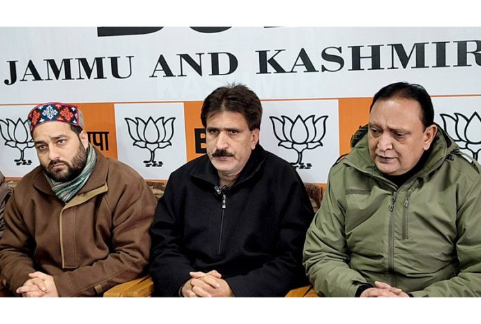 BJP spokesperson Altaf Thakur along with other party leaders at a press conference in Srinagar on Wednesday. -Excelsior/Shakeel