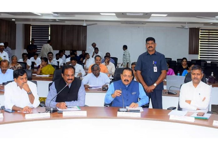 Union Minister Dr Jitendra Singh chairing a high level official meeting with senior officers and MLAs at Kadapa, Andhra Pradesh on Thursday.