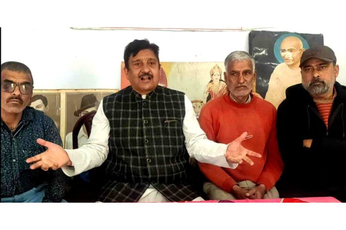 MSJK leader, Sunil Dimple addressing a press conference at Jammu on Wednesday.