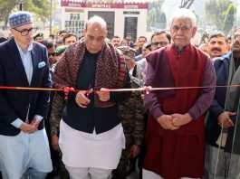 Defence Minister Rajnath Singh with Lt. Governor Manoj Sinha and Chief Minister Omar Abdullah inaugurating the 9th Armed Forces Veterans’ Day celebrations at Akhnoor.