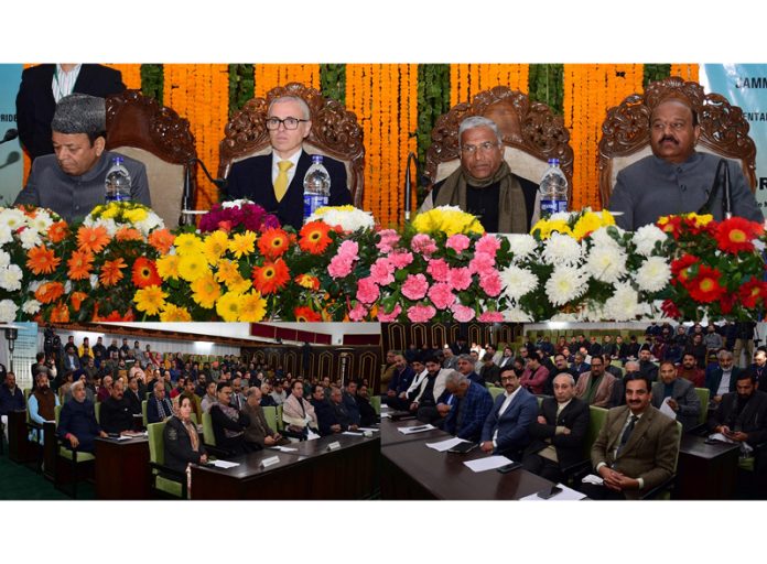 RS Dy Chairman Harivansh, CM Omar Abdullah, Speaker AR Rather and DyCM Surinder Choudhary at the orientation programme.