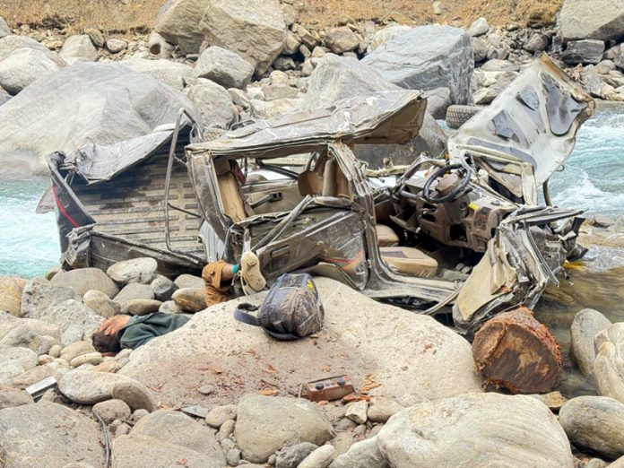 Mingled remains of a vehicle that fell in a gorge in Kishtwar district on Sunday.