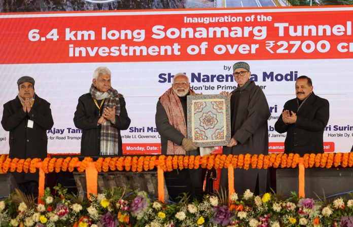 Prime Minister Narendra Modi at the inauguration of Sonamarg tunnel project in Kashmir on Monday.