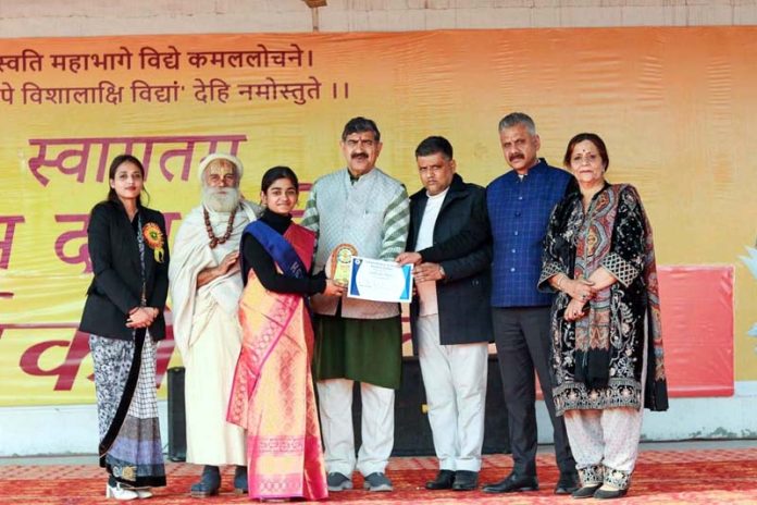 MP Jugal Kishore Sharma along with others during Annual Day function of SHRD Public School in Jammu on Saturday.