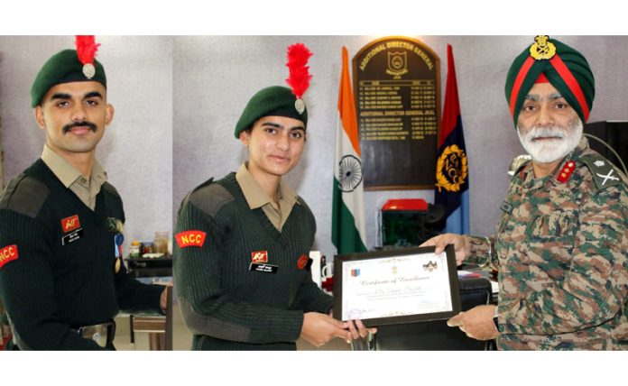 Major General Anupinder Bevli, Additional Director General of NCC Jammu Kashmir and Ladakh Directorate felicitating cadets in Jammu on Friday.