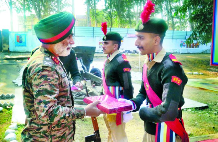 Maj Gen Anupinder Bevli, ADG JK&L, Directorate NCC interacting with cadets during CATC at Nagrota.