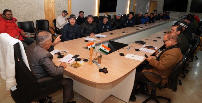 A delegation from the Indian men's Ice Hockey team meeting with LG Ladakh Brigadier (Dr) BD Mishra (Retd), at Lieutenant Governor's Secretariat on Saturday.