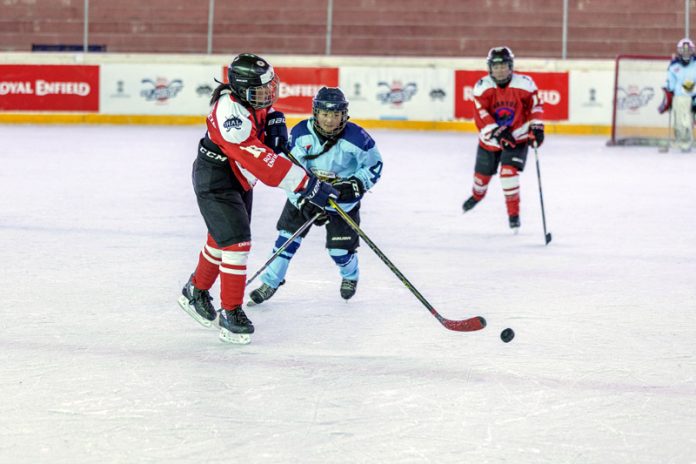 Women Ice Hockey players in action during a match at Leh on Wednesday.