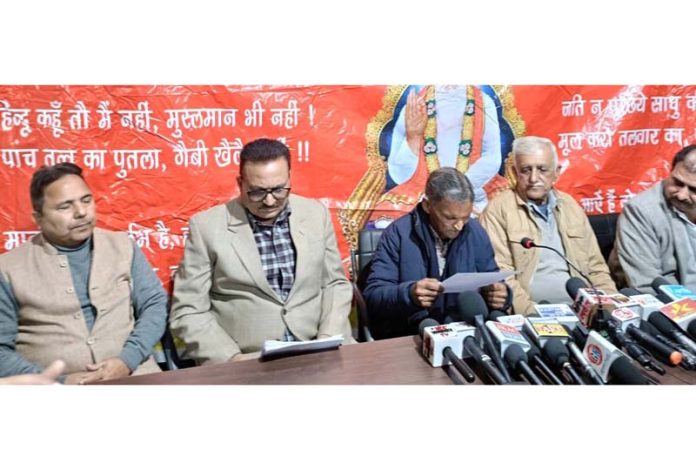 Election committee members of AJKSSKS addressing a press conference at Jammu.