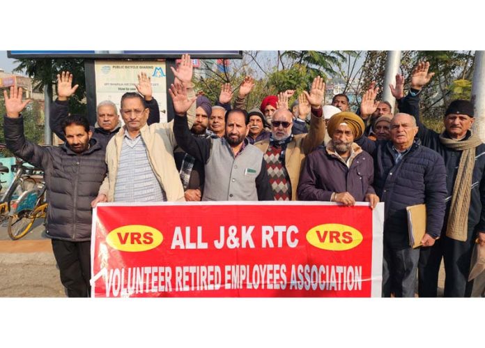 RTC volunteer retired employees protesting at Jammu on Thursday. -Excelsior/Rakesh