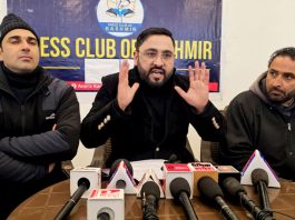 Members of Employees Coordination Committee during a press conference in Srinagar on Saturday. —Excelsior/Shakeel