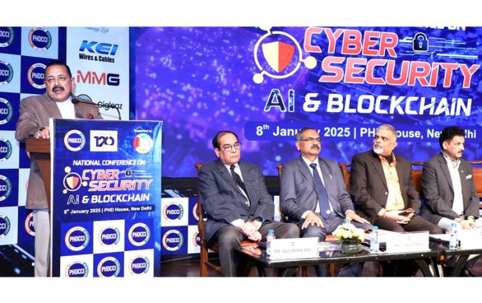 Union Minister Dr. Jitendra Singh addressing the National Conference on Cybersecurity, Artificial Intelligence and Block Chain organised by PHD Chamber of Commerce & Industry at New Delhi on Wednesday.