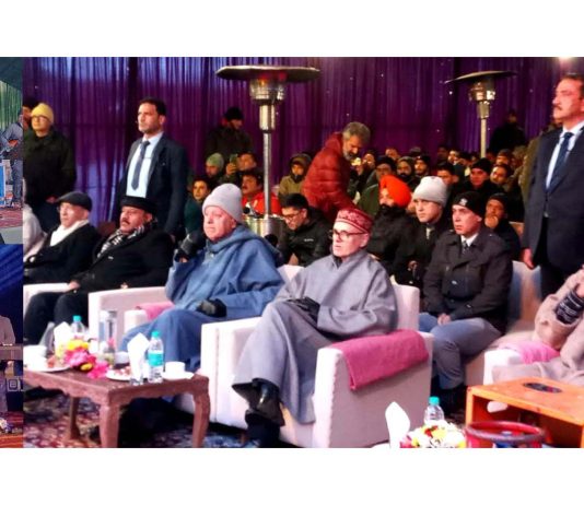 CM Omar Abdullah along with Dr Farooq Abdullah and other leaders during a Carnival at Pahalgam.