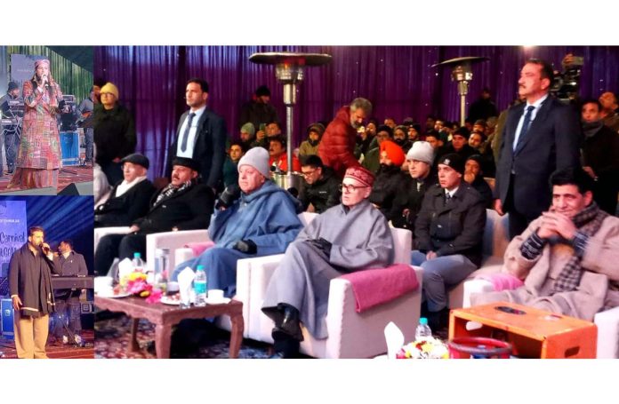 CM Omar Abdullah along with Dr Farooq Abdullah and other leaders during a Carnival at Pahalgam.