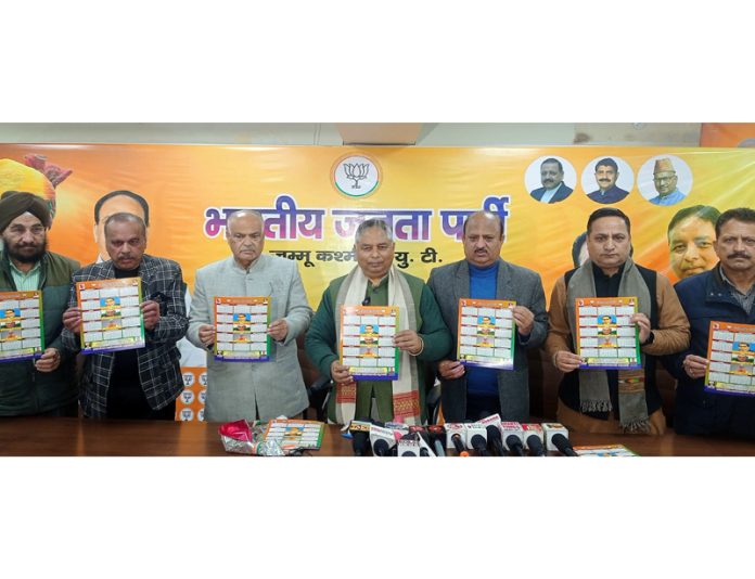 BJP J&K leaders releasing annual calendar of the party for the year 2025 in Jammu on Wednesday.