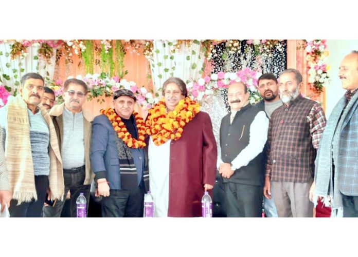 JKPCC working presidents Tara Chand and Raman Bhalla posing with party leaders at a function in Akhnoor.