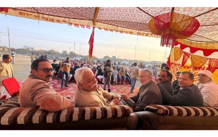 Senior NC leader Ajay Sadhotra along with other party leaders in a public meeting at Bhagwati Nagar, Jammu.