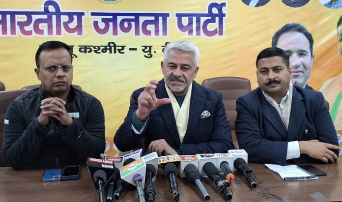 J&K BJP spokespersons talking to media at party headquarters in Jammu on Saturday.