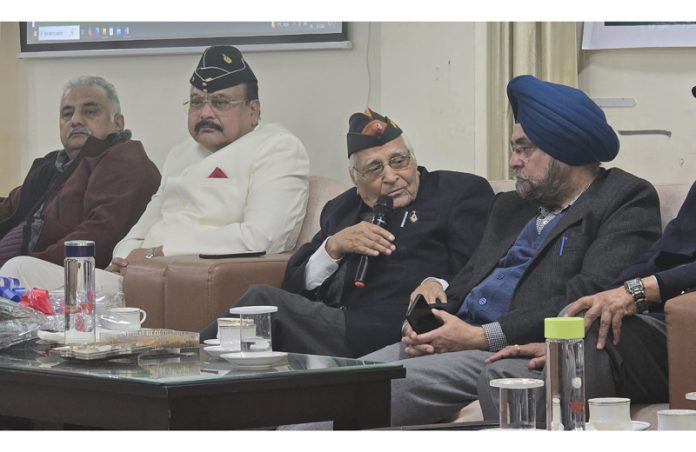 Maj Gen Goverdhan Singh Jamwal speaking during a function organised in Jammu on Tuesday.