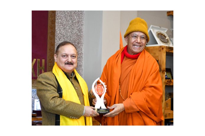 Dr Pawan Kotwal receiving Mahakaruna Award 2025 in Ladakh on Friday.