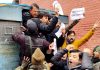 Government employees during a protest in Srinagar on Thursday. —Excelsior/Shakeel