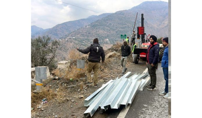 DC Doda, Harvinder Singh inspecting the ongoing installation of Modified Crash Barriers at Assar and Bagger areas.