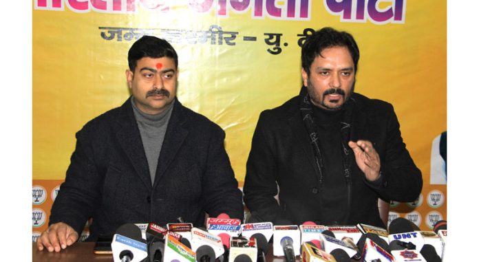 BJP leaders at a press conference at Jammu on Saturday.