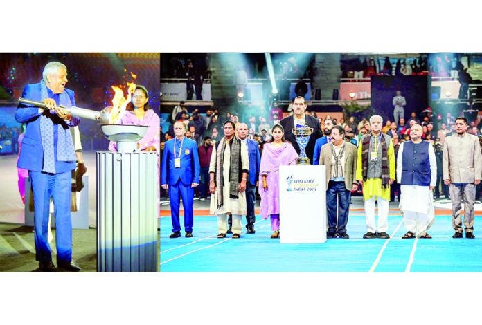 Vice President Jagdeep Dhankhar lighting the torch while inaugurating Kho Kho World Cup at New Delhi on Monday.