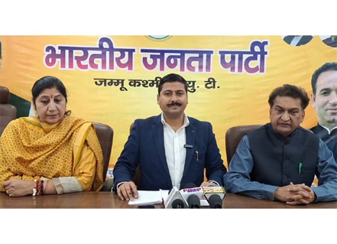 J&K BJP spokespersons Gaurav Gupta, Purnima Sharma and Balbir Ram Rattan during media briefing at Jammu. J&K BJP spokespersons Gaurav Gupta, Purnima Sharma and Balbir Ram Rattan during media briefing at Jammu.