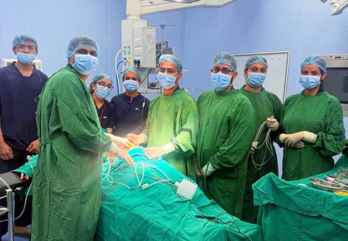 Doctors performing a laparoscopic surgery at AIIMS Jammu.