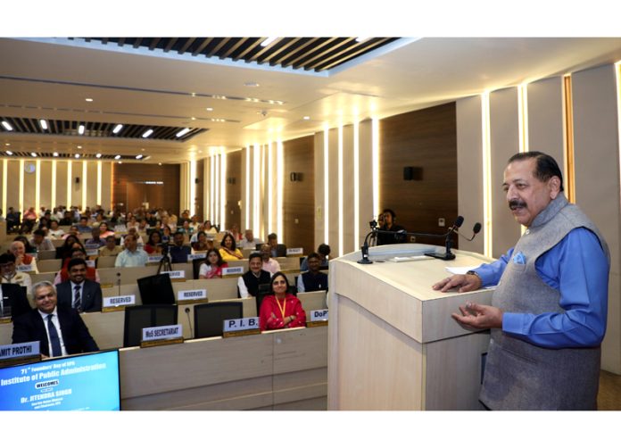 Union Minister and Chairman IIPA, Dr. Jitendra Singh delivering keynote address at the 71st Foundation Day of IIPA at New Delhi on Saturday.