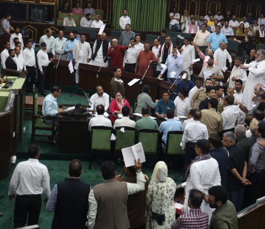 Ruling and Opposition MLAs protesting in the Assembly on Tuesday. -Excelsior/Rakesh