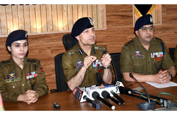 SSP Sinagar Imtiyaz Hussain along with other senior officers during a press conference in Srinagar on Sunday. -Excelsior/Shakeel SSP Sinagar Imtiyaz Hussain along with other senior officers during a press conference in Srinagar on Sunday. -Excelsior/Shakeel