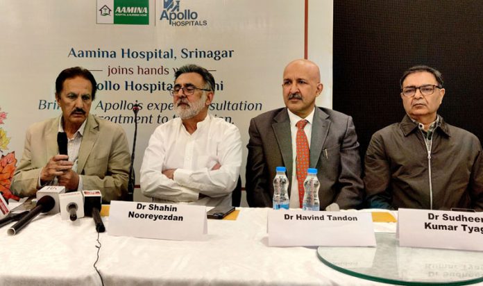 Doctors from Apollo Aamina hospitals during a press conference in Srinagar on Saturday. -Excelsior/Shakeel Doctors from Apollo Aamina hospitals during a press conference in Srinagar on Saturday. -Excelsior/Shakeel