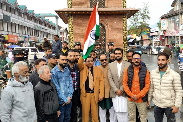 Dr Adish Aggarwala during the Tricolour unfurling at the iconic Clock Tower in Srinagar on Thursday. -Excelsior/Shakeel Dr Adish Aggarwala during the Tricolour unfurling at the iconic Clock Tower in Srinagar on Thursday. -Excelsior/Shakeel