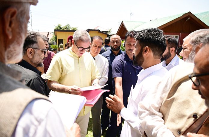 CM Omar Abdullah meeting a delegation at Raabta office in Srinagar on Saturday.