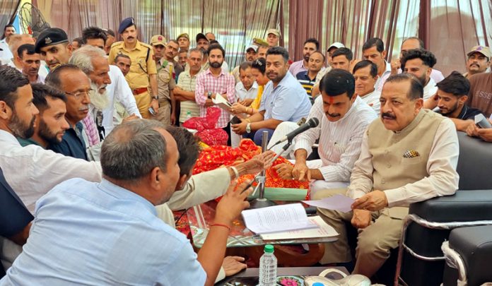 Union Minister Dr Jitendra Singh during a public darbar in Billawar on Saturday.