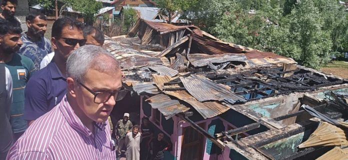 CM Omar Abdullah assessing damage caused by Pak shelling at Tanghdar along LoC on Tuesday.