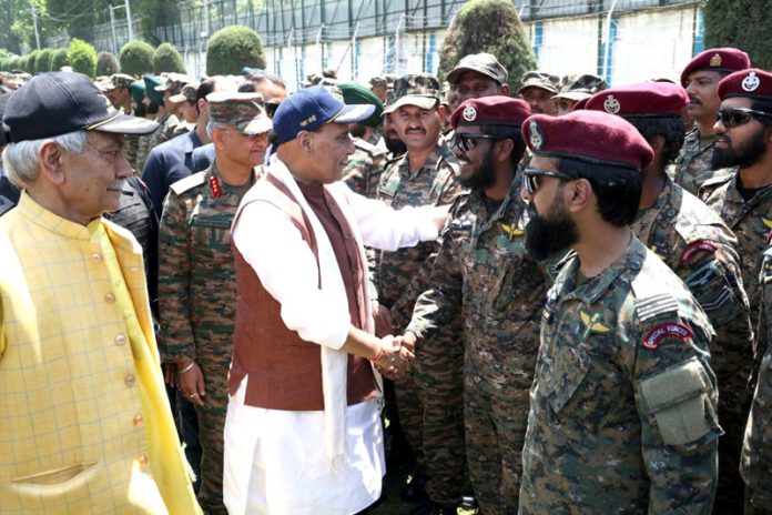 Defence Minister Rajnath Singh meeting Army soldiers at Badami Bagh military base in Srinagar on Thursday. Defence Minister Rajnath Singh meeting Army soldiers at Badami Bagh military base in Srinagar on Thursday.