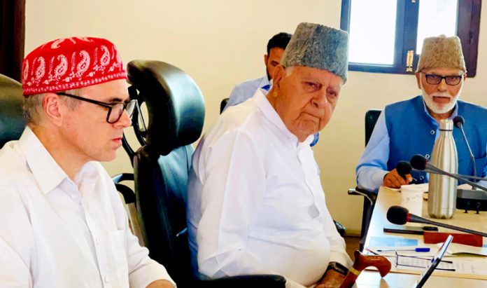 National Conference president Dr Farooq Abdullah and vice president Omar Abdullah during they party’s Working Committee meeting in Srinagar on Wednesday. -Excelsior/Shakeel National Conference president Dr Farooq Abdullah and vice president Omar Abdullah during they party’s Working Committee meeting in Srinagar on Wednesday. -Excelsior/Shakeel