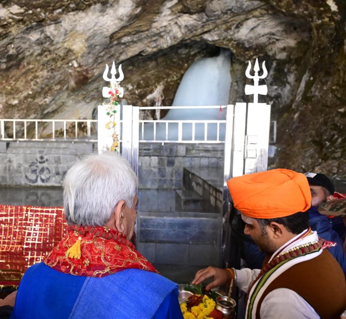 Lt Governor Manoj Sinha performs 'Pratham Puja' at Amarnath Ji cave shrine on Wednesday.