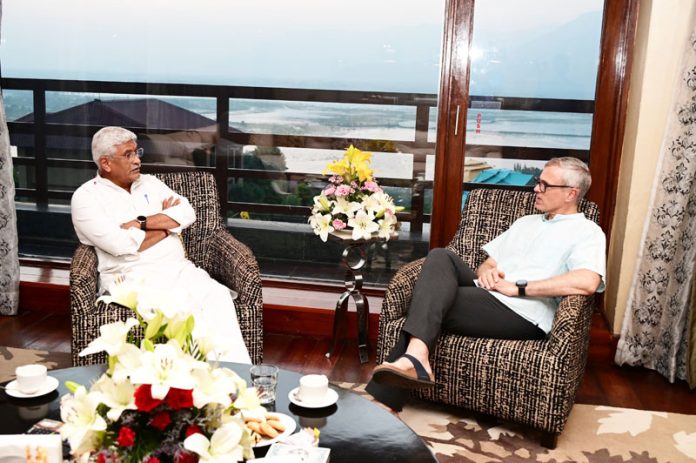 CM Omar Abdullah in a meeting with Union Tourism Minister Gajendra Singh Shekhawat in Srinagar.