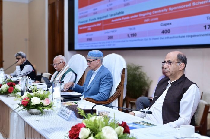 cm Union Minister of Power, Housing and Urban Affairs, Manohar Lal Khattar and CM Omar Abdullah at a review meeting in Srinagar on Thursday.